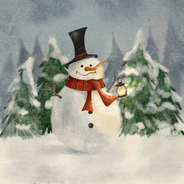 Vintage Drawing Snowman Snow Greeting Card Winter Holidays — Fotografia de Stock