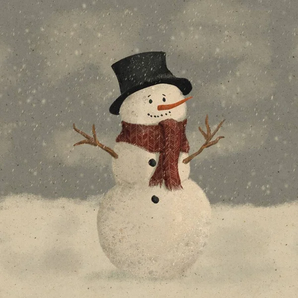 雪人在雪地里的复古图画 寒假贺卡 — 图库照片