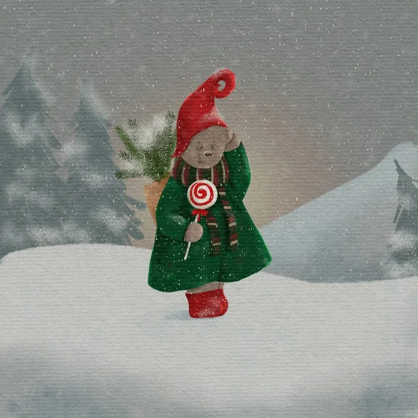 Bear Elf Costume Candy Snowy Forest Greeting Card Winter Holidays — Fotografia de Stock