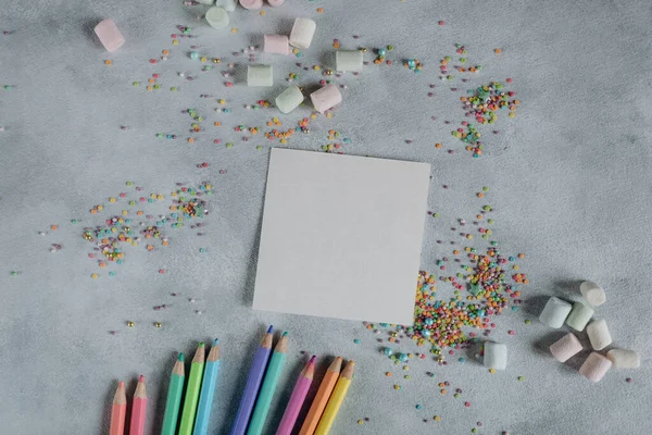 Mockup Sheet White Paper Gray Background Pencils Colored Confetti Mockup — Stockfoto