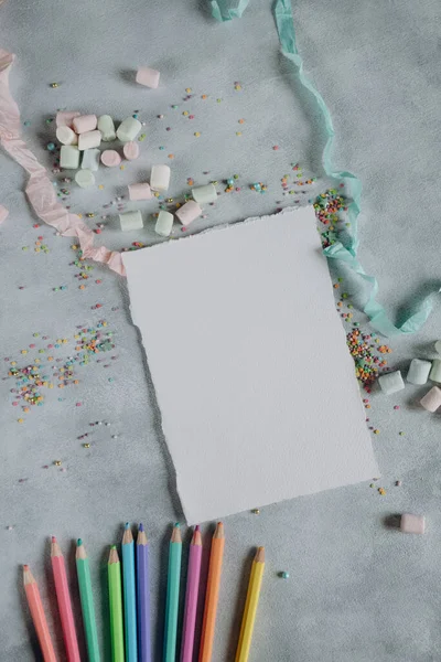 Mockup Sheet White Paper Gray Background Pencils Colored Confetti Mockup — Fotografia de Stock