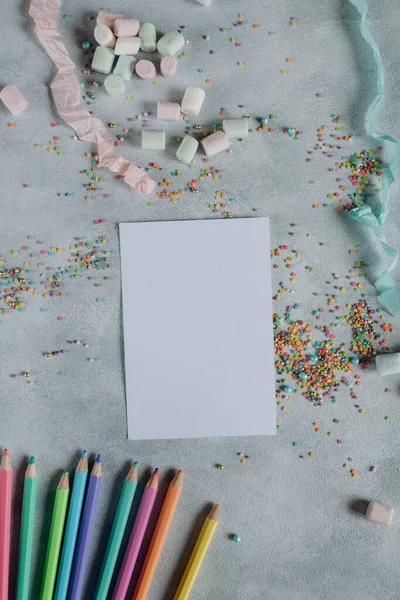 Mockup Sheet White Paper Gray Background Pencils Colored Confetti Mockup — Stockfoto