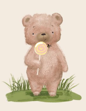 Teddy bear, cute animal for children's room decoration, greeting card, woodland illustration, cartoon bear