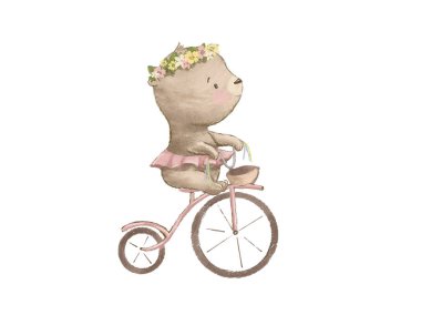 Cartoon drawing of a bear on a bicycle, illustration for the design of children's books or children's rooms or children's parties