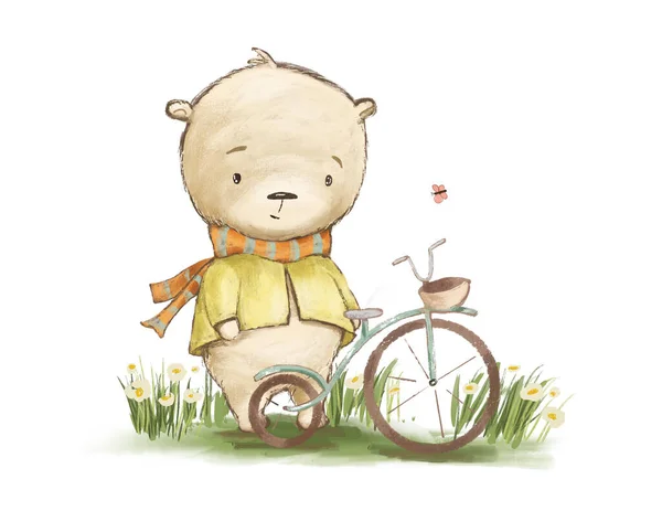 Gambar Kartun Seekor Beruang Dengan Sepeda Ilustrasi Untuk Desain Buku — Stok Foto
