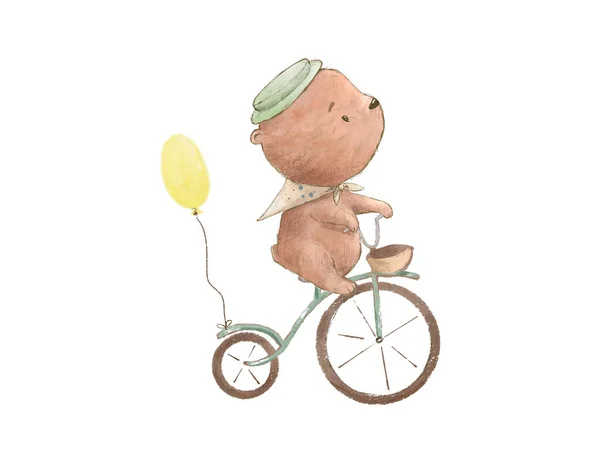 Cartoon drawing of a bear on a bicycle, illustration for the design of children\'s books or children\'s rooms or children\'s parties