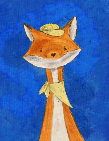 Cartoon drawing of a red fox, a drawing of a fox on a blue background in a cap, a drawing for a children\'s room or a children\'s holiday