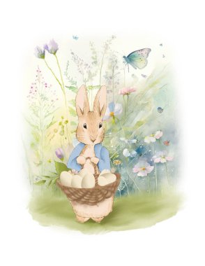 Easter card, Easter greeting card, Easter cartoon rabbit in pastel colors