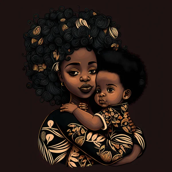 drawing portrait of black african mother and child, ethnic family