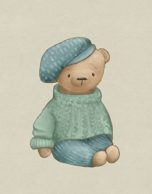 Teddy bear, cute animal for children's room decoration, greeting card, woodland illustration, cartoon bear