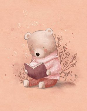 Bir kitapla pembe bir ayının karikatür çizimi, Sevgililer Günü kartı, aşık şirin bir ayı.