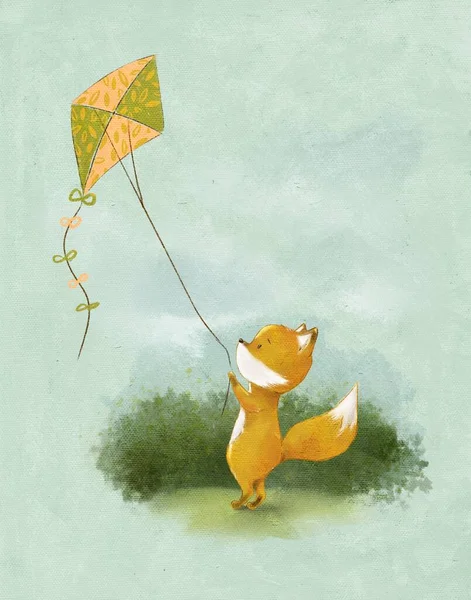 Cartoon Drawing Cute Little Fox Playing Kite Bushman Summertime Fun — Stok Foto