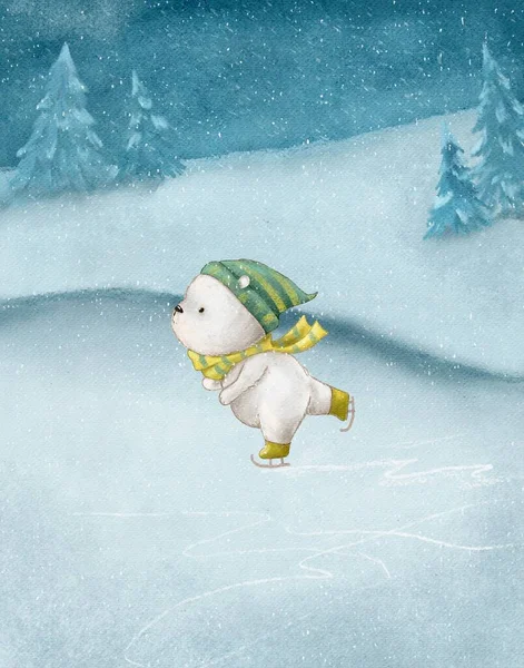 Cartoon Drawing Cute Bear Winter Holidays Winter Skiing Snow — ストック写真