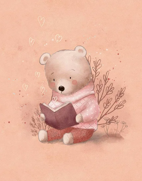 cartoon drawing of a pink bear with a book, valentine\'s day card, cute bear in love