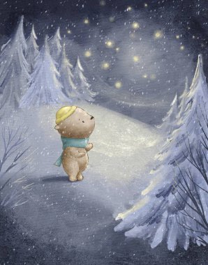 cartoon drawing of a bear on winter holidays, winter forest and forest dwellers, snowy forest clipart