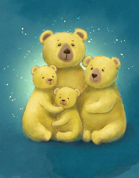 cartoon drawing family of bears, yellow and blue color