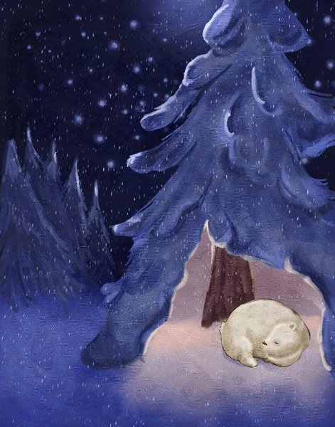 Kresba Medvěda Zimních Prázdninách Zimních Lesích Lesních Obyvatelích Zasněžený Les — Stock fotografie