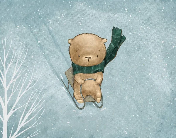 Cartoon Drawing Cute Bear Winter Holidays Winter Skiing Snow — Stockfoto