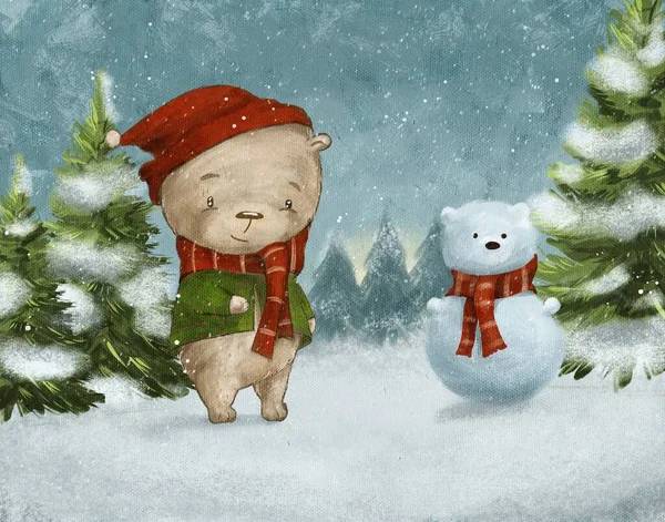 Cartoon Drawing Bear Winter Holidays Winter Forest Forest Dwellers Snowy — 스톡 사진