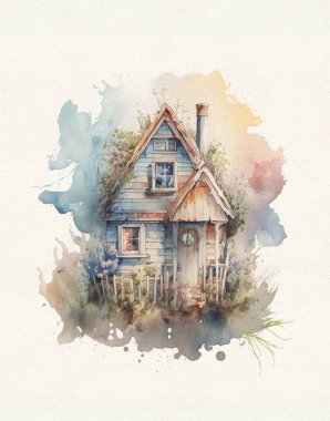 watercolor drawing of a wooden house in the forest, a village house, a traveler's house