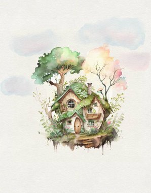 watercolor drawing of a wooden house in the forest, a village house, a traveler's house