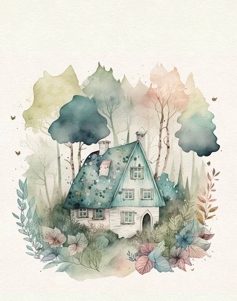 Akvarel Kresba Dřevěného Domu Lese Vesnický Dům Dům Cestovatele — Stock fotografie