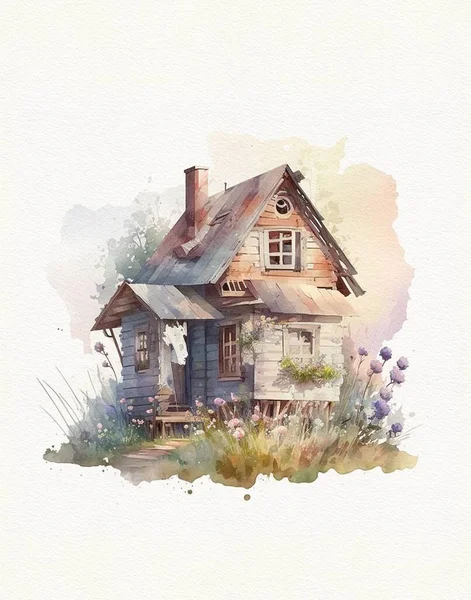 watercolor drawing of a wooden house in the forest, a village house, a traveler\'s house