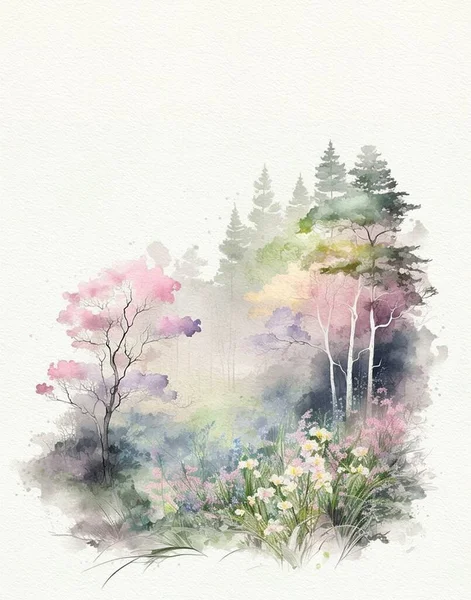 Watercolor Forest Nature Spring Drawing Pastel Colors — Stok Foto