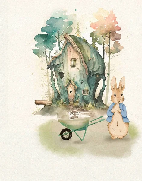 Watercolor Drawing Wooden House Forest Rabbit Village House House Rabbit — Fotografia de Stock