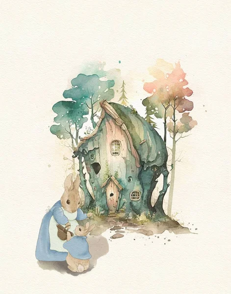 Watercolor Drawing Wooden House Forest Rabbit Village House House Rabbit — Fotografia de Stock