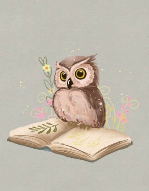 drawing of a cute owl sitting on a book, learned owl clipart