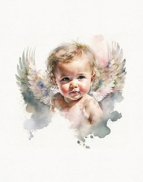 watercolor drawing of an angel in heaven, newborn baby, drawing for baptism