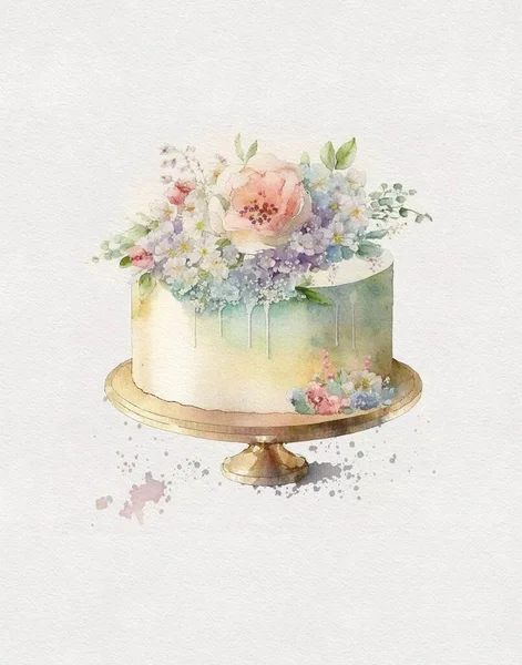 watercolor drawing of birthday cake, birthday cake, wedding cake