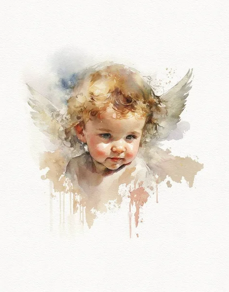 watercolor drawing of an angel in heaven, newborn baby, drawing for baptism