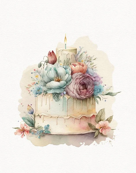 誕生日ケーキ誕生日ケーキ結婚式ケーキの水彩画 — ストック写真