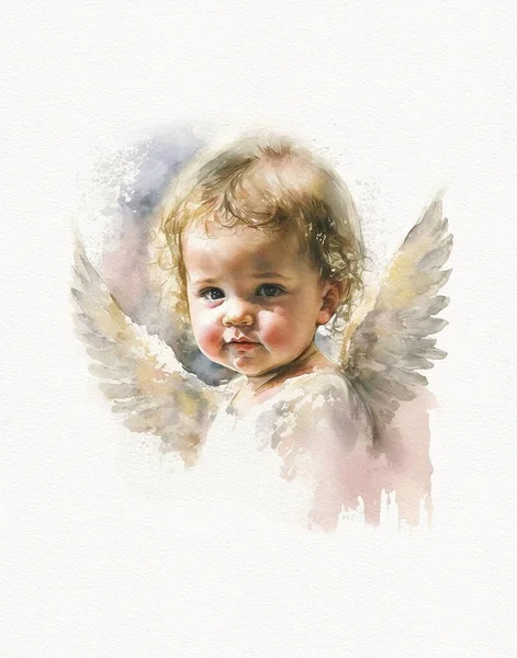 Akvarell Ritning Ängel Himlen Nyfödd Baby Ritning För Dop — Stockfoto