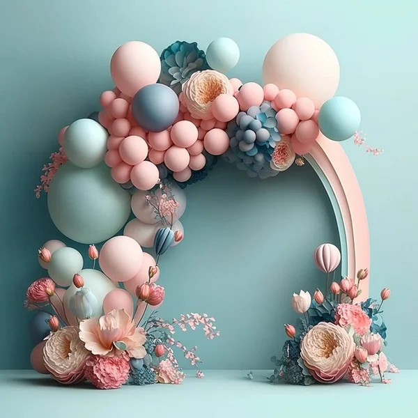 Festive balloon arch, background for a holiday, birthday, wedding, photo shoot, digital holiday background of balloons, pastel colors