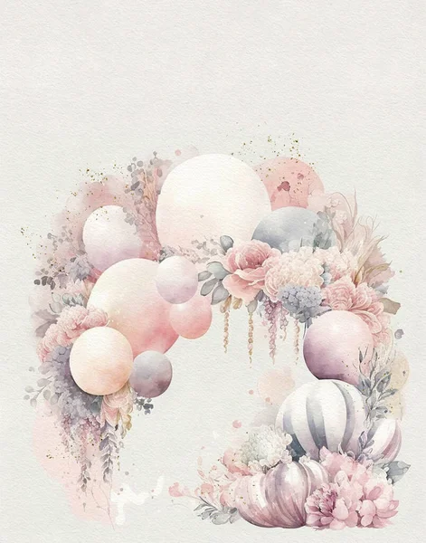 Élégante Arche Aquarelle Ballons Fleurs Dans Des Couleurs Pastel Délicates — Photo