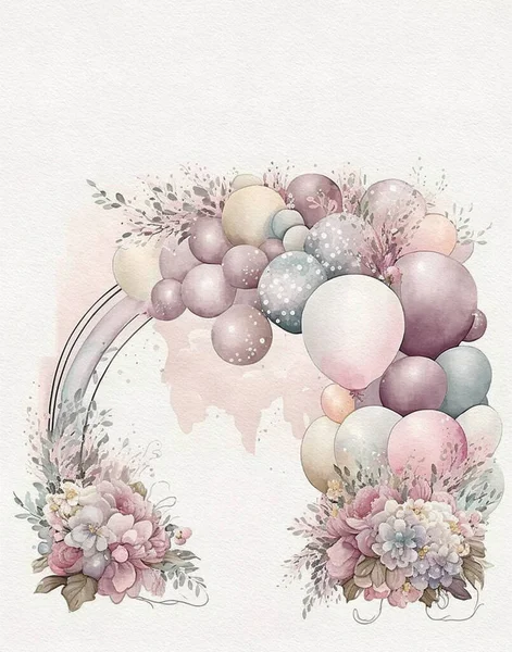 繊細なパステルカラーの風船や花のエレガントな水彩アーチ 結婚式のアーチ 結婚式の招待状のデザイン — ストック写真