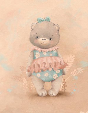 Teddy bear, cute animal for children's room decoration, greeting card, woodland illustration, cartoon bear