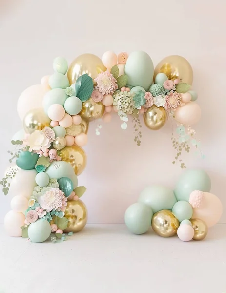Festive balloon arch, background for a holiday, birthday, wedding, photo shoot, digital holiday background of balloons, pastel colors