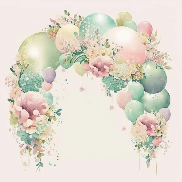 Eleganter Aquarell Bogen Aus Luftballons Und Blumen Zarten Pastellfarben Hochzeitsbogen — Stockfoto