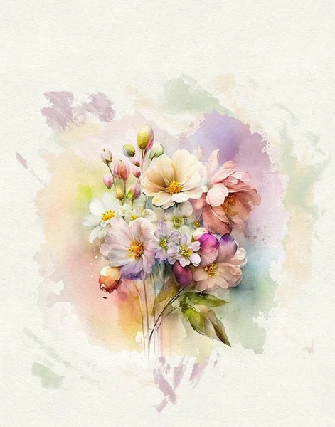 Dessin Aquarelle Bouquet Fleurs Aux Couleurs Pastel Sur Papier Aquarelle — Photo