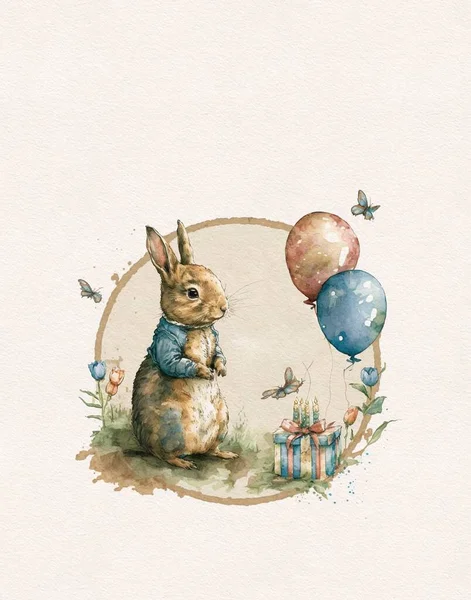 Watercolor Drawing Bunny Birthday Birthday Cake Party Balloons First Birthday — Stok Foto