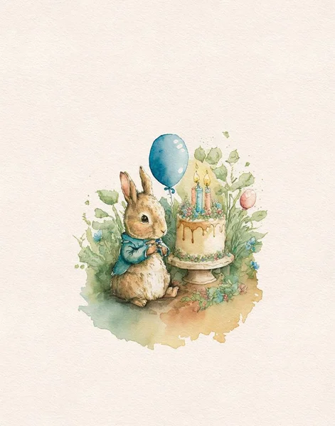 Watercolor Drawing Bunny Birthday Birthday Cake Party Balloons First Birthday — Stockfoto