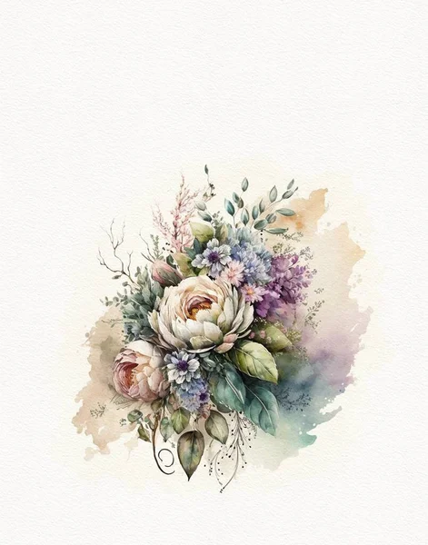 watercolor drawing of a flower bouquet in pastel colors on watercolor paper, greeting card, wedding invitation