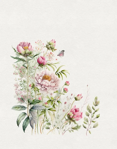 Aquarellzeichnung Eines Blumenstraußes Pastellfarben Auf Aquarellpapier Grußkarte Hochzeitseinladung — Stockfoto