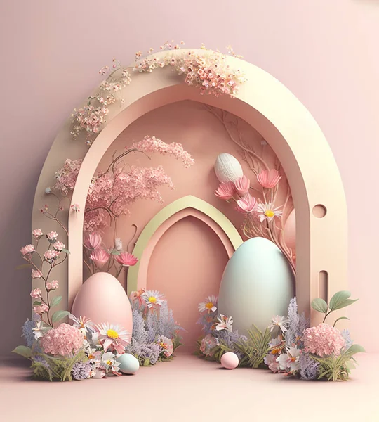 Easter Decor Arch Flowers Easter Eggs Wedding Arch Holiday Decor — Stok fotoğraf