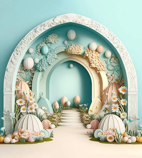 Easter Decor Arch Flowers Easter Eggs Wedding Arch Holiday Decor — Stok fotoğraf