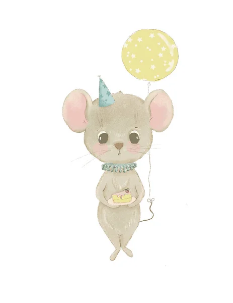 hand drawn cute cartoon mouse birthday boy with cake and balloon, birthday card